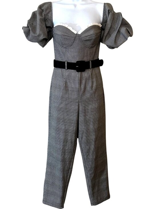 Eggie Pants - Houndstooth Off-Shoulder Jumpsuit XS Puff Sleeve Sweetheart Milkmaid Slim Fit